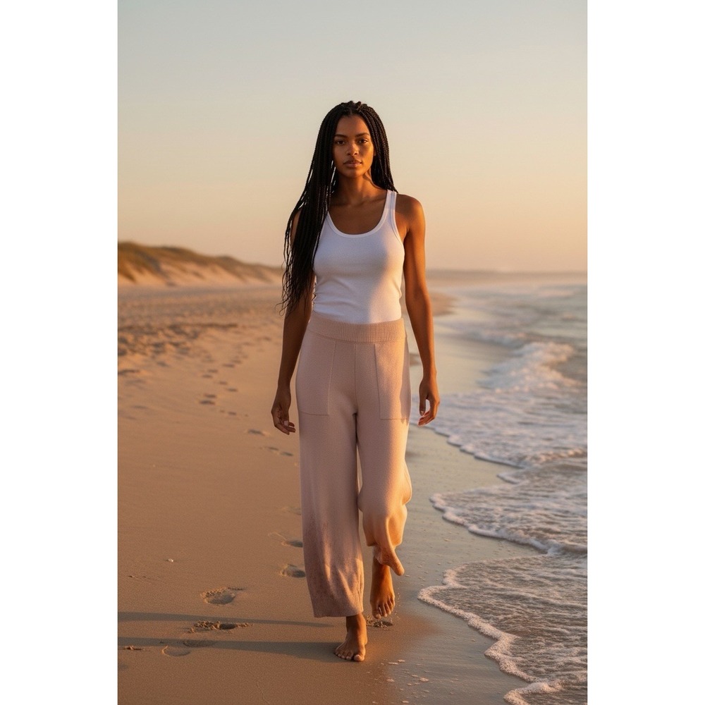 Free People FP Beach Solar Sweater Knit Pants Pull On Pink Beige Cozy Medium EUC